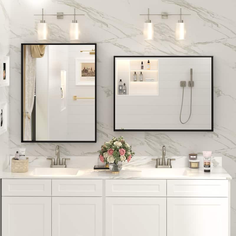 Full Size Metal Frame Wall Mirror Black Tempered Glass for Bathroom