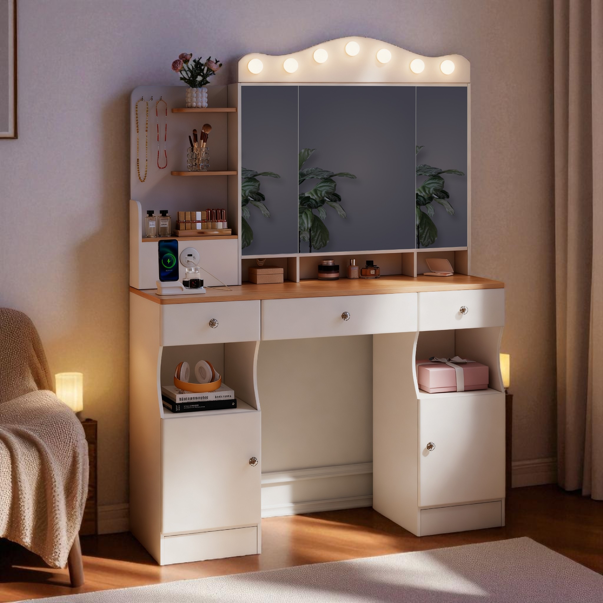 Makeup Vanity Desk with Tri-Fold LED Mirror, USB Power Strip, 3 Drawers and 2 Cabinets for Bedroom