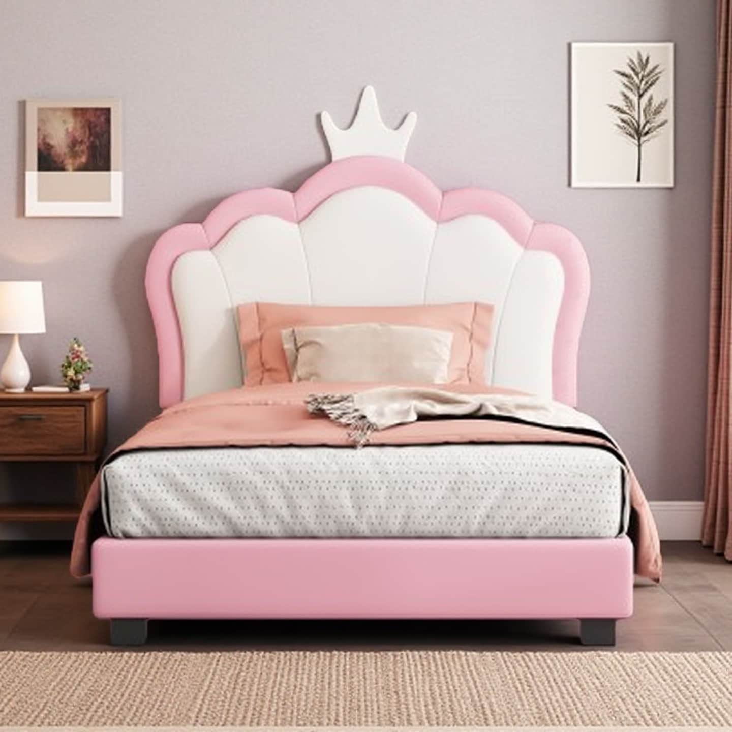 Twin Upholstered Platform Bed with Crown-Shaped Headboard, Pink & White Princess Design, Sturdy PU Leather Frame