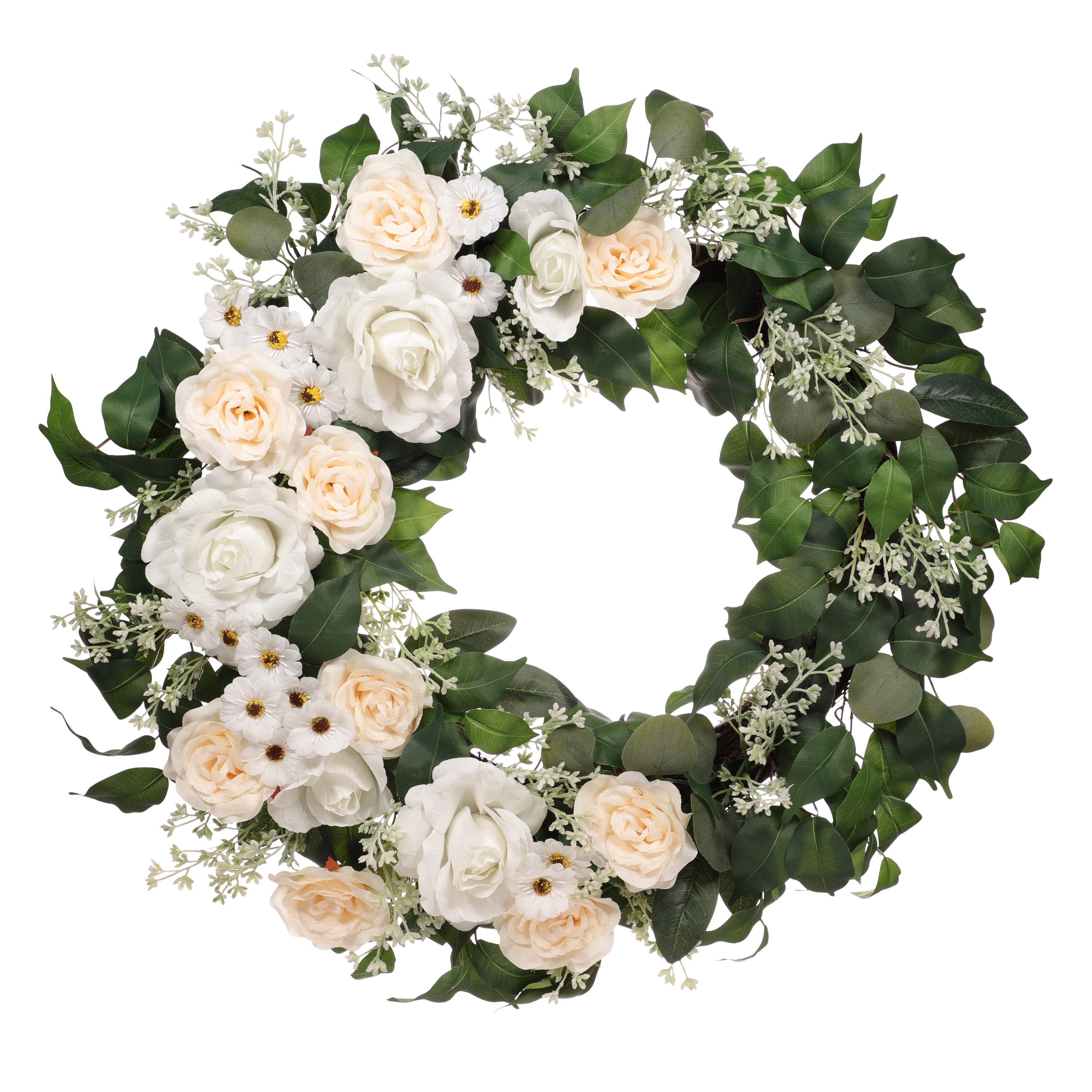 30" Artificial Rose,Camellia,babysbreath Floral Spring Wreath