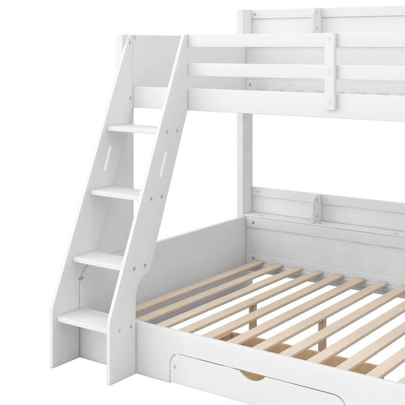 Twin Over Full Bunk Bed with Storage Shelves & Charging Station, Wood Bunk Bed Frame with Ladder and Built-in Drawer, Led Lights