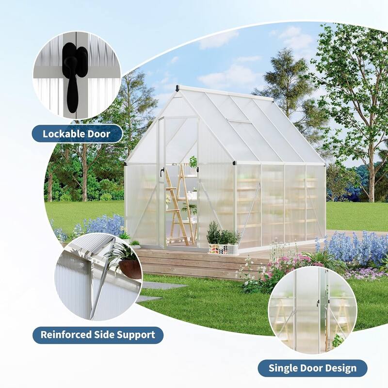6'x7' Heavy Duty Polycarbonate Greenhouse for Outdoors Gardening, Silver