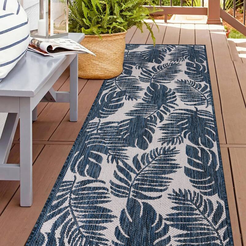 World Rug Gallery Floral Leaves Textured Flat Weave Indoor/Outdoor Area Rug - 2'x7' Runner - Navy