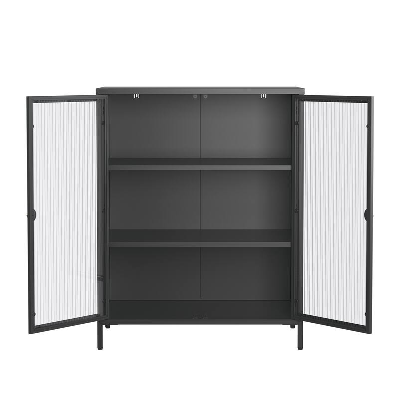 Benoite 40.04-inch Black Two Door Metal Storage Cabinet with Fluted Clear Doors and Gold Handles - 40.04