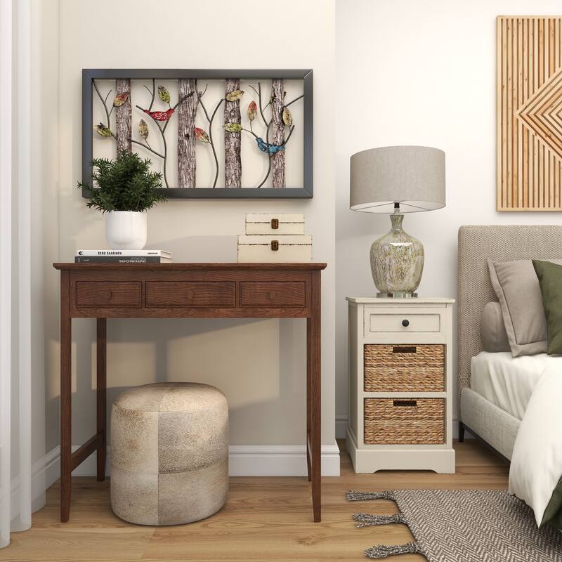 Black Metal Bird Wall Decor with Tree Branches and Colorful Leaves