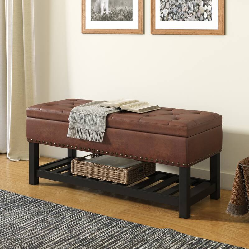 WYNDENHALL Riley 43 inch Wide Rectangle Ottoman Bench - 43 W x 17 D x 19 H - Distressed Saddle Brown
