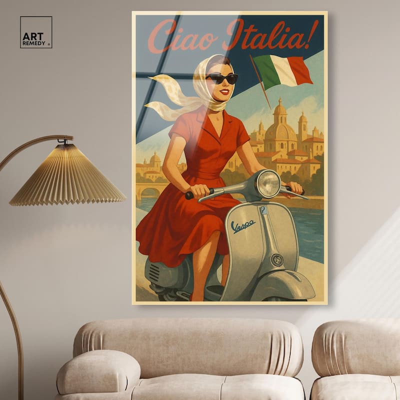 Scooter Italian Travel Acrylic by Art Remedy, Ready to Hang