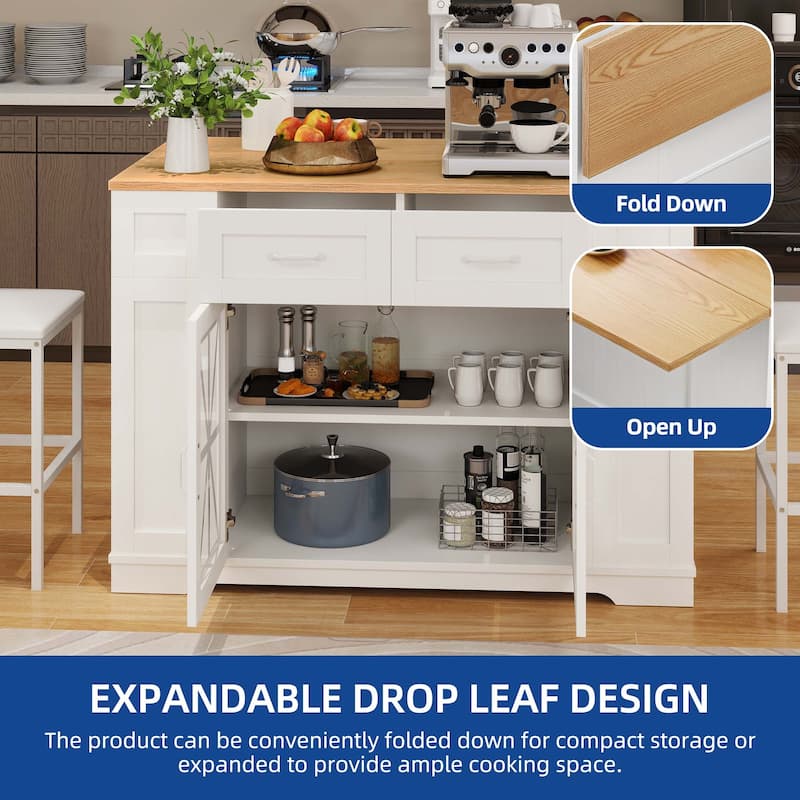 Moasis 47" Kitchen Island With Drop Leaf & 2 Bar Stools