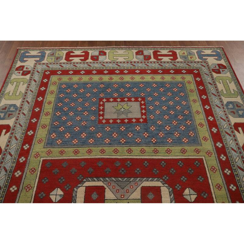 Geometric Kazak Area Rug Hand-Knotted Multi-Color Wool Carpet - 5'11" x 9'2"