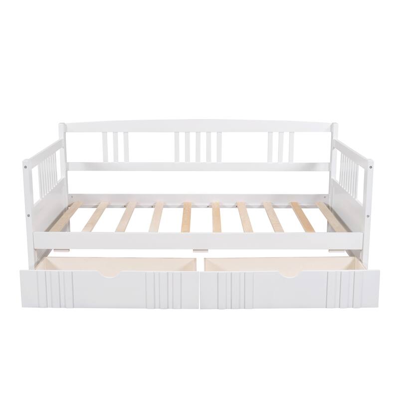 Daybed with Two Drawers, Solid Wood Frame, Guardrails, No Box Spring Needed