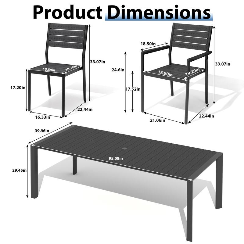 11-Piece Outdoor Patio Dining Set Wood Like Table Top Aluminum Rectangular Umbrella Hole Table with Stackable Chairs