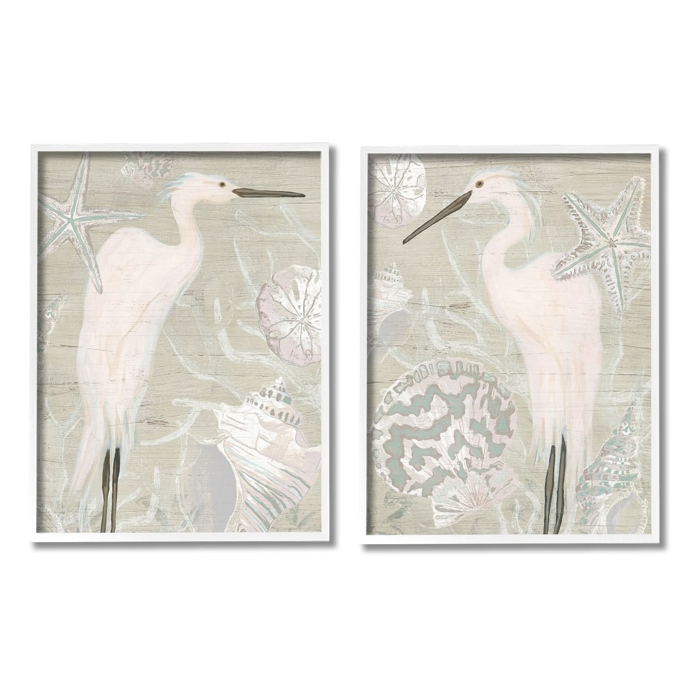Stupell White Heron Nautical Seashells Rustic Starfish Wildlife 2 Piece Framed Wall Art, Design by June Erica Vess - Beige