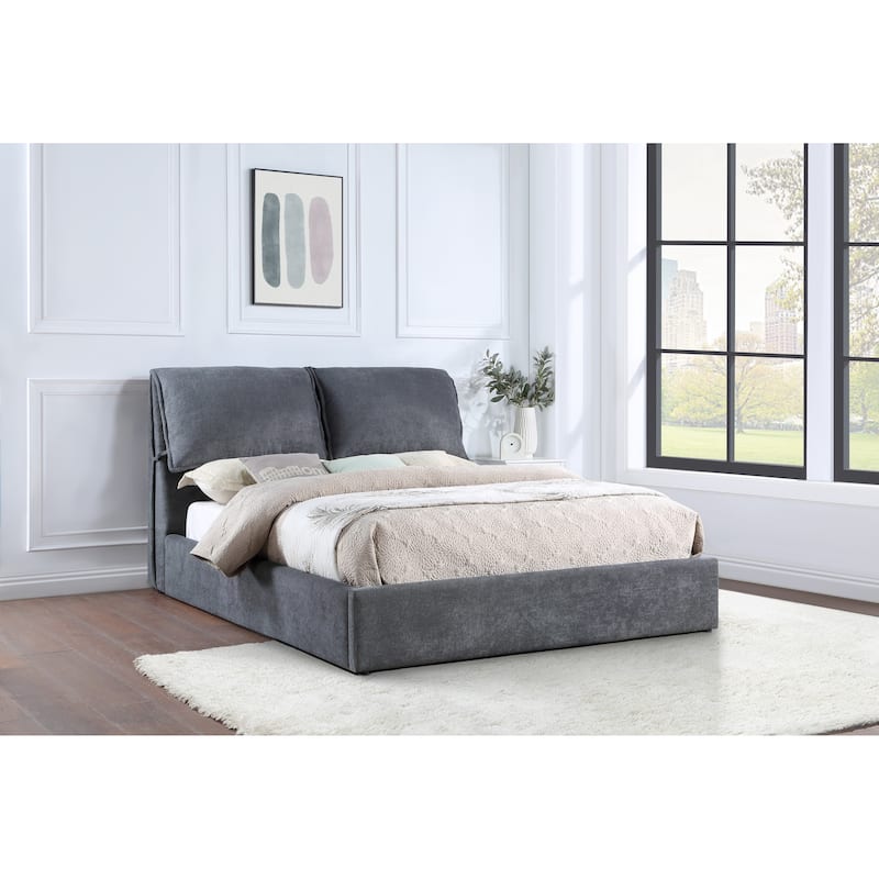 Brewster Charcoal Grey Pillow Headboard Platform Bed - King