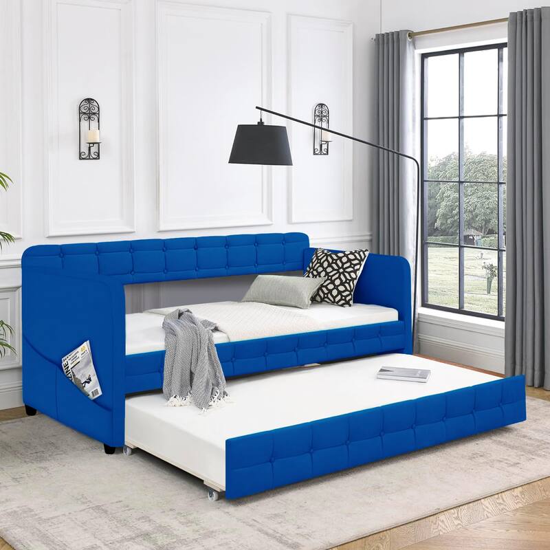 Modern Twin Daybed with Trundle, Velvet Upholstery, Gold Iron Accent, and Wooden Frame, No Box Spring Needed - Blue - Twin