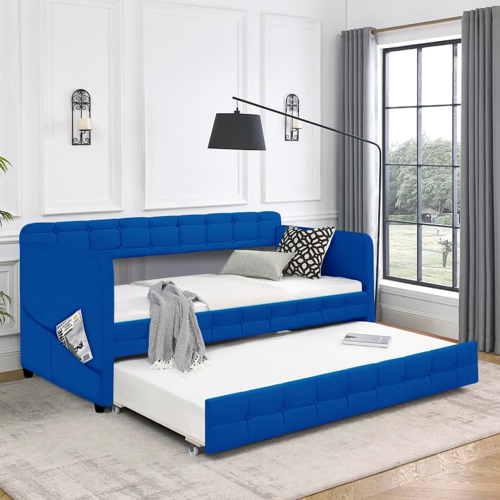 Twin Size Velvet Daybed with Trundle and Tufted Backrest