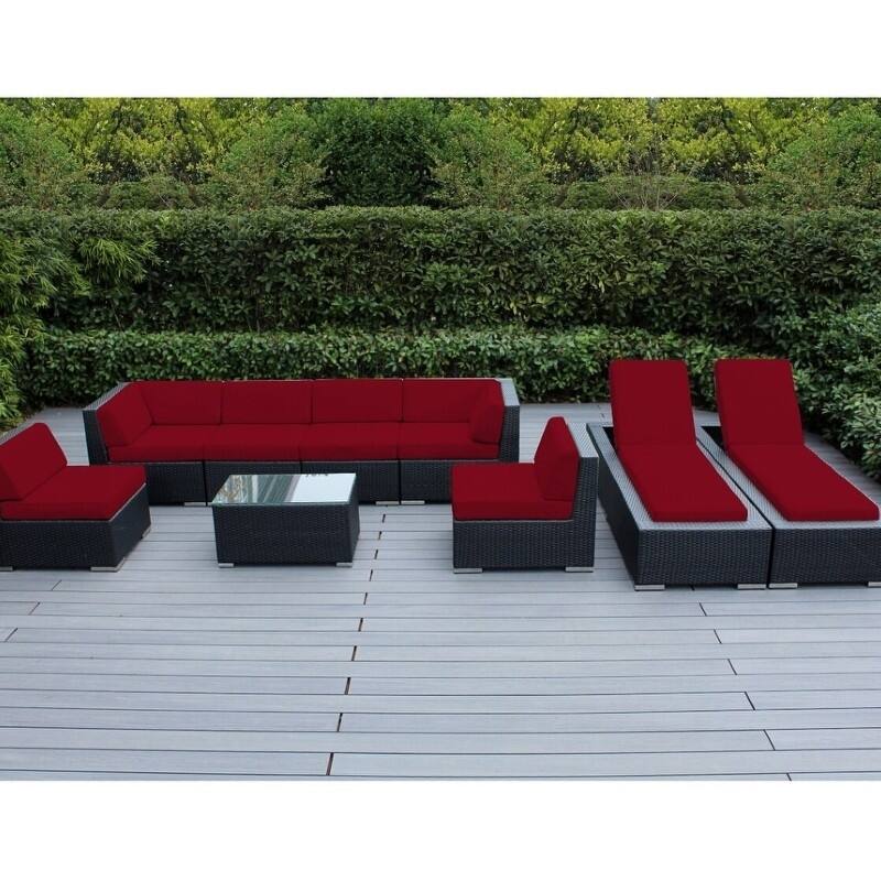 Ohana Outdoor Patio 9 Piece Black Wicker Sofa and Chaise Lounge Set - No Assembly