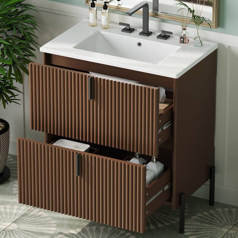 Bathroom Vanity with Ceramic Sink, Freestanding Bathroom Storage Cabinet, Fluted Bathroom Vanity with 2 Full-Extension Drawers
