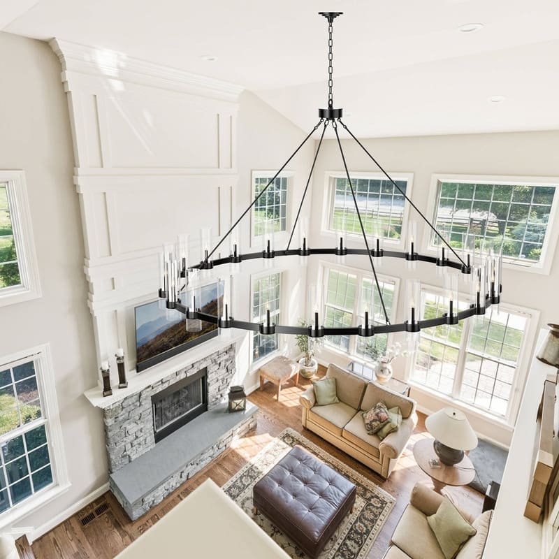 Modern Farmhouse Chandelier Black Wagon Wheel Chandelier with Clear Glass Shade