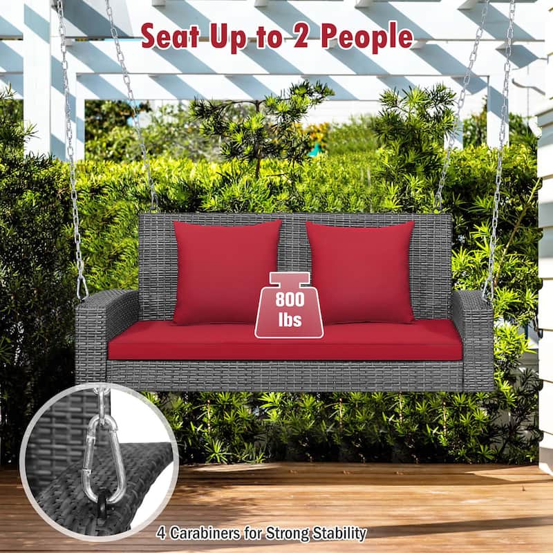 2 Person Wicker Hanging Porch Swing Outdoor Rattan Swing with Cushions