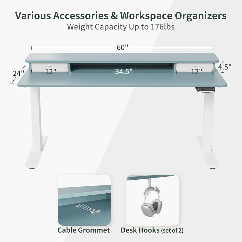 FEZIBO Height Adjustable Electric Standing Desk with Double Drawer, Stand Up Desk with Storage Shelf, Sit Stand Desk