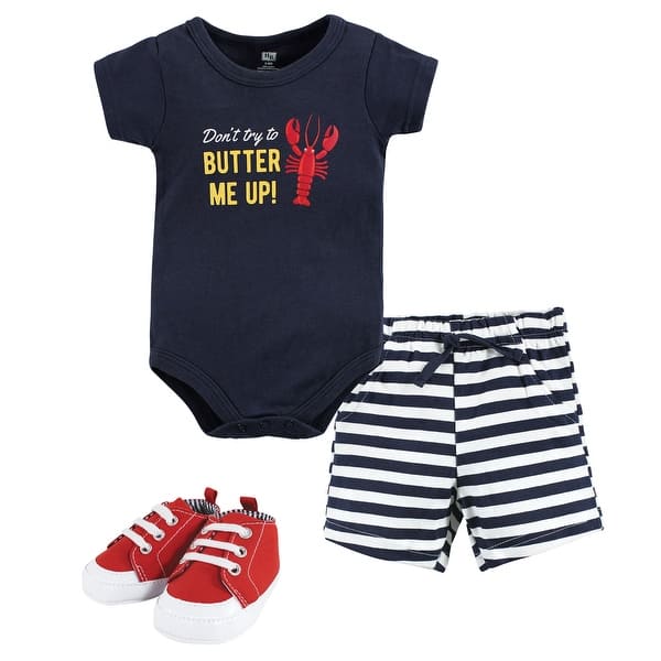 slide 1 of 1, Hudson Baby Infant Boy Cotton Bodysuit, Shorts and Shoe Set, Butter Me Up Lobster 0-3 Months - Butter Me Up Lobster