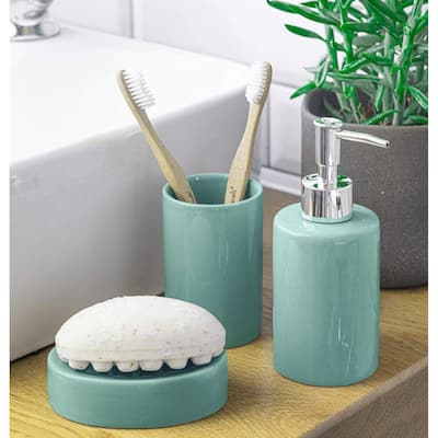 Blue Dolomite Bathroom Accessories Set - Soap Dispenser, Soap Dish & Tumbler - N/A