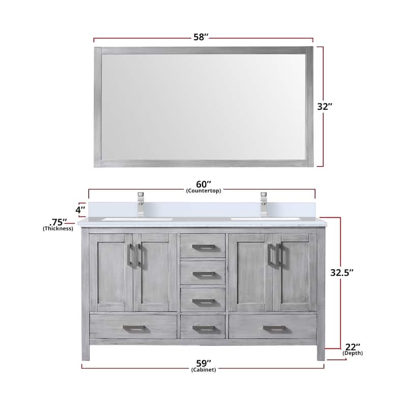 Jacques White Bath Vanity, Cultured Marble Top, Faucet Set and Mirror