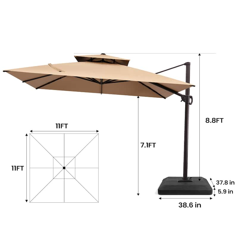 Pellebant 11 ft Patio Cantilever Offset Umbrella Double Top with Base