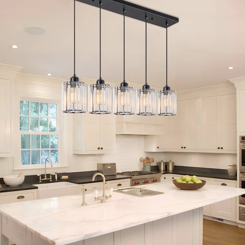 Starsky 5-Light 32in. Modern Crystal Linear Chandelier Cluster Cylinder Glass Kitchen Island Light