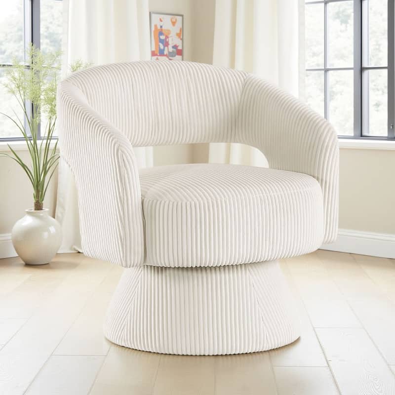Rayne Swivel Accent Chair, Ivory Corduroy, Round Metal Swivel Base