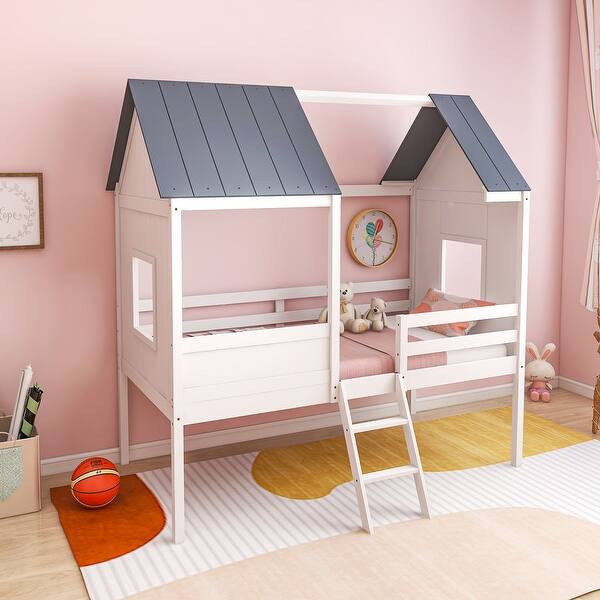 slide 2 of 9, Twin Size Kids House Bed Low Loft Bed Frame with Roof White