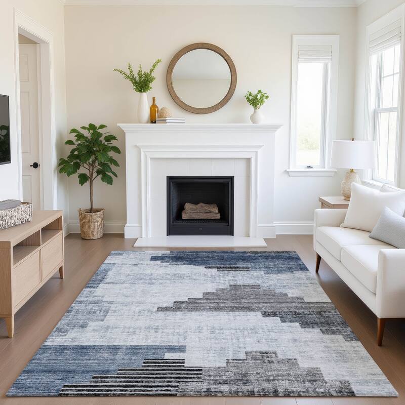 Premium Washable Super Soft Geo Global Mayfield Rug - 5' x 7'6" - Blue.