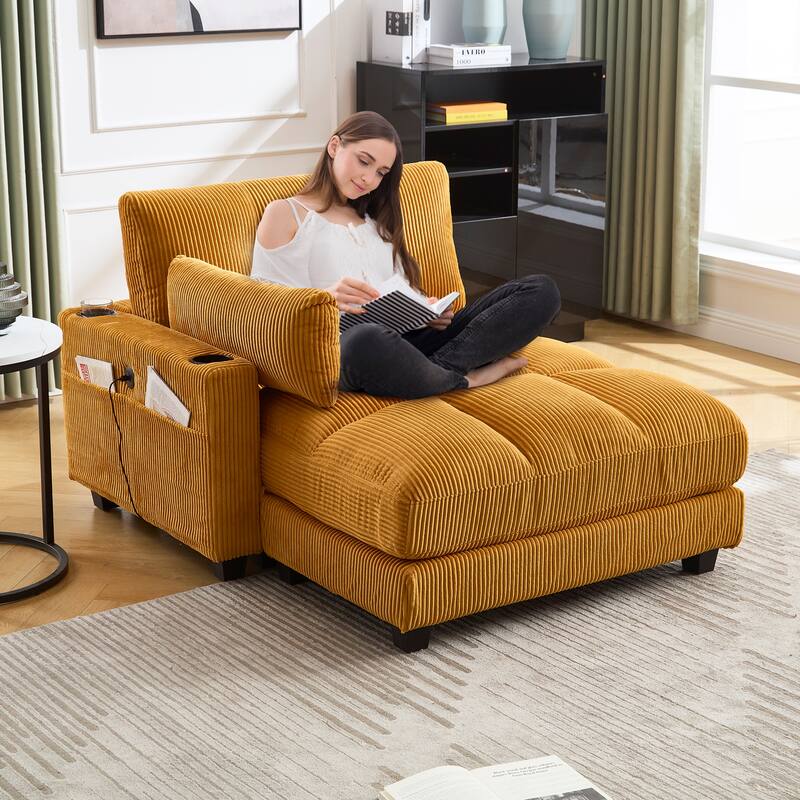 Oversized Corduroy Upholstered Single Chaise Lounge Sofa Couch Switchable Armrest with Cup Holders, USB Ports and Pockets
