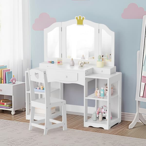slide 2 of 16, Kids Vanity Table And Chair Set, 2 In 1 Girls Vanity Storage Cabinet W/Tri-Folding Mirror - N/A