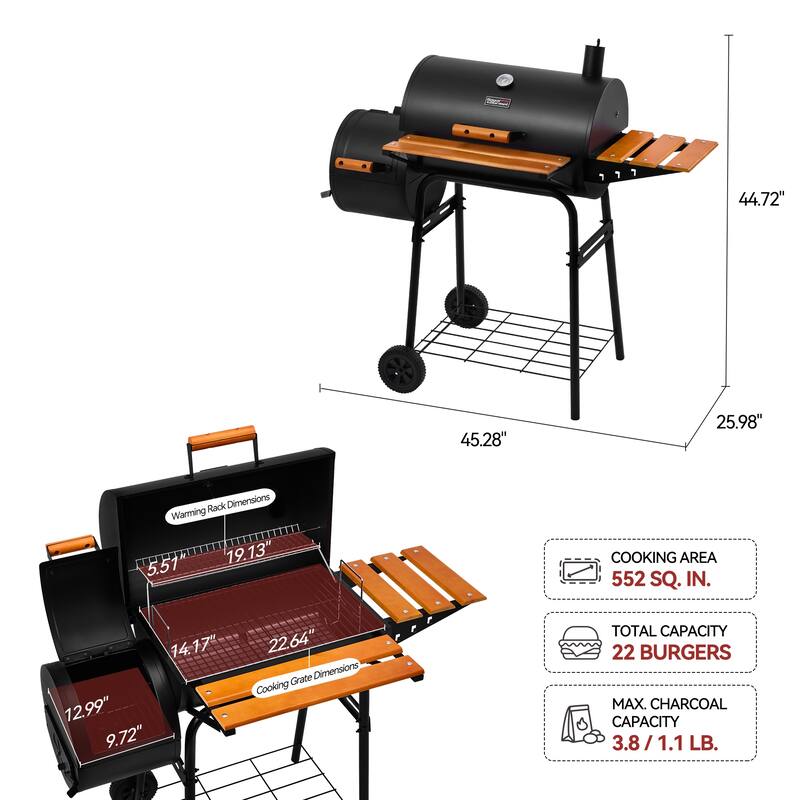 Royal Gourmet CC1624W Barrel Charcoal Grill with Offset Smoker