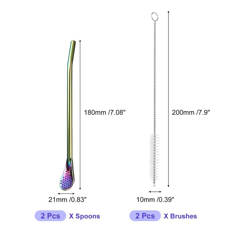 2Pcs 7.1" Stainless Steel Straws Spoons with Filter 2 Cleaning Brushes - Colorful