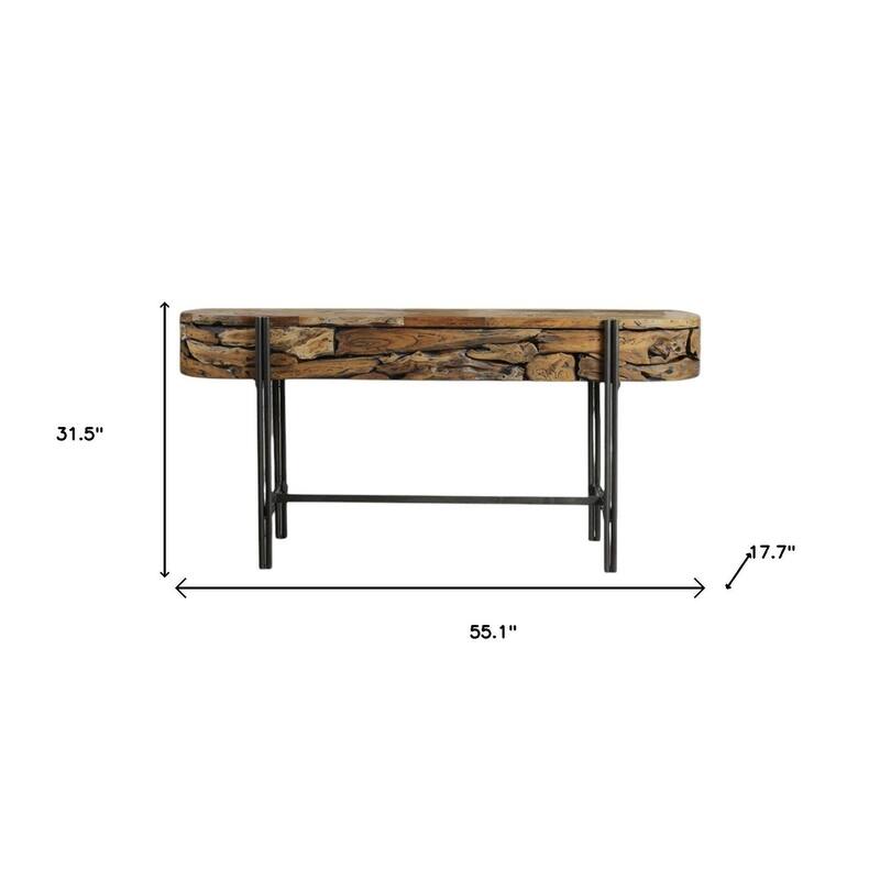 HomeRoots 55" Natural and Charcoal Reclaimed Wood and Metal Oval Trestle Console Table - 55.10 in. x 31.50 in. x 17.70 in.