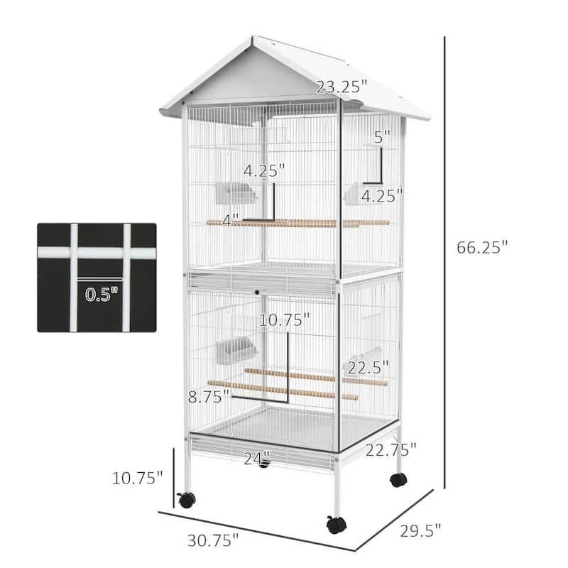 Metal Bird Cage Feeder with Rolling Stand, Perches, Food Containers, Doors & Wheels