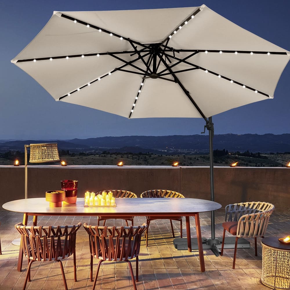 Autlaycil 10FT Cantilever Patio Umbrella with Solar Lights Included Base 360 Rotation Large Offset Hanging Outdoor Shade