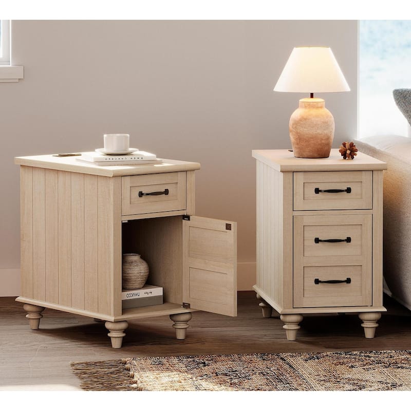 Nightstand End Table With Charging Station for Living Room Bedroom - Beige - 2-drawer