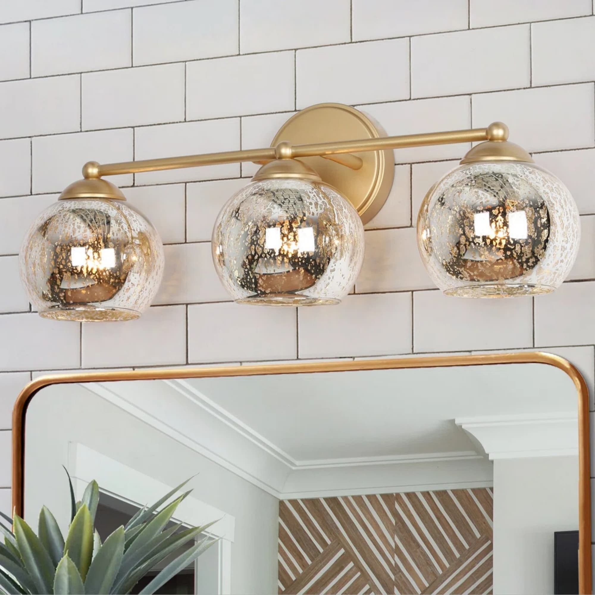 Mid-Century Modern Glam Gold Bathroom Vanity Light 3-Light Wall Lamp with Mercury Glass - 21" L x 7" W x 8" H