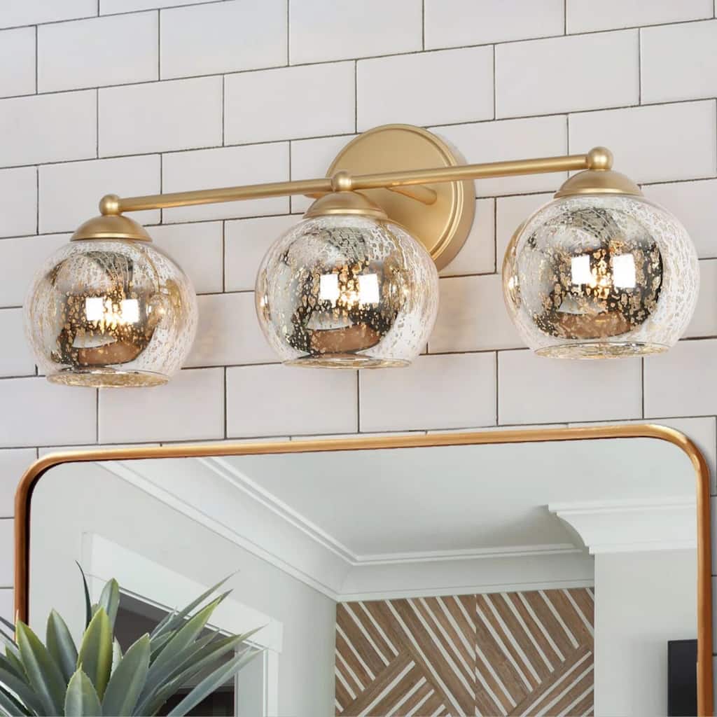 Mid-Century Modern Glam Gold Bathroom Vanity Light 3-Light Wall Lamp with Mercury Glass - 21" L x 7" W x 8" H