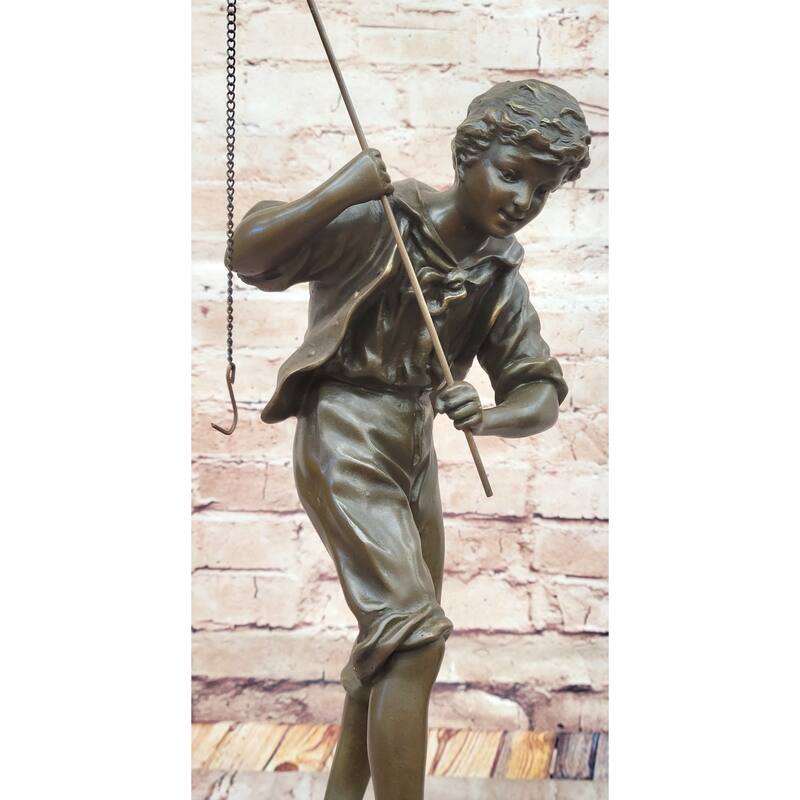 Bronze Sculpture Of A Boy Fishing By Rancoulet - Handmade Statue On Marble Base