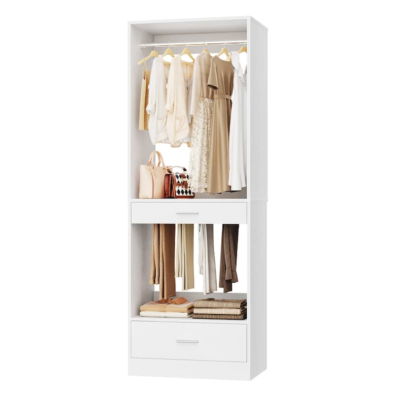 Qvella 23.6'' W Closet System with Hanging Rods and Wooden Drawers, Modular Walk-In Closet Organizer with Pants Rack