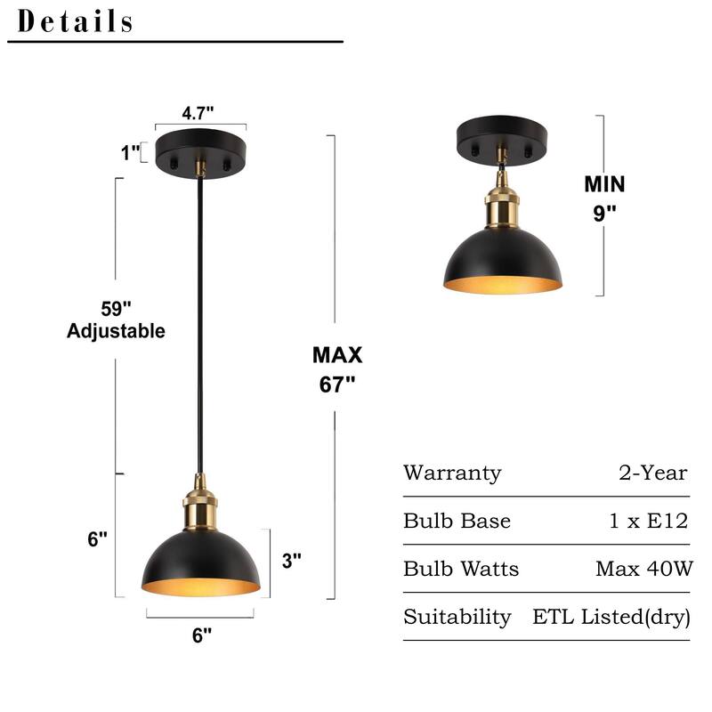 Modern Industrial 1-Light (6 Inch) Dome Black Gold Metal Pendant Light for Kitchen Island - 6" D x 6'' H