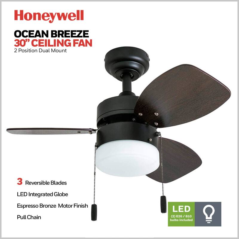 30" Honeywell Ocean Breeze Guilded Espresso Modern Indoor LED Ceiling Fan with Light, Pull Chain