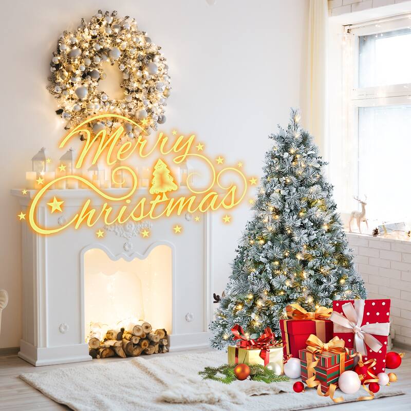 4FT Prelit Flocked Christmas Tree with Pine Needles&Eucalyptus Leaves,150 Warm White LED Lights,404 Tips,Metal Stand