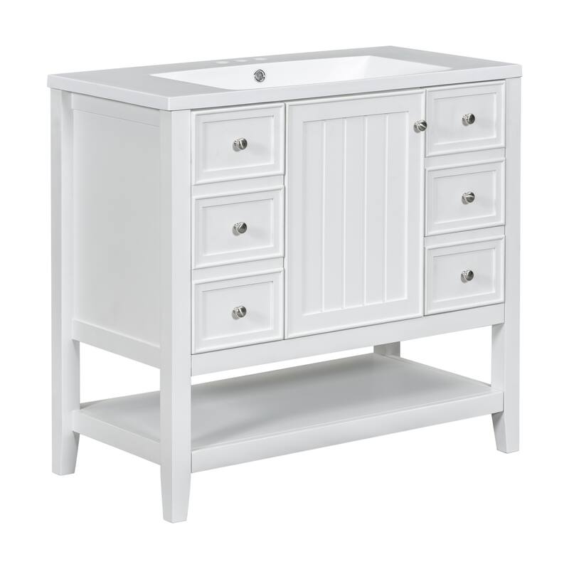36" Bathroom Vanity With Sink, One Cabinet And Three Drawers, Solid Wood And Mdf Board