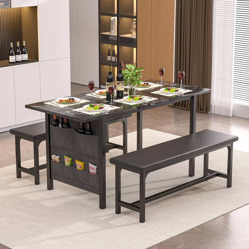 VECELO 3-Piece Dining Table Set with 2 Benches, 63" Extendable Kitchen Table & Chairs Set for 4-8, Dining Room Table - Marble Black