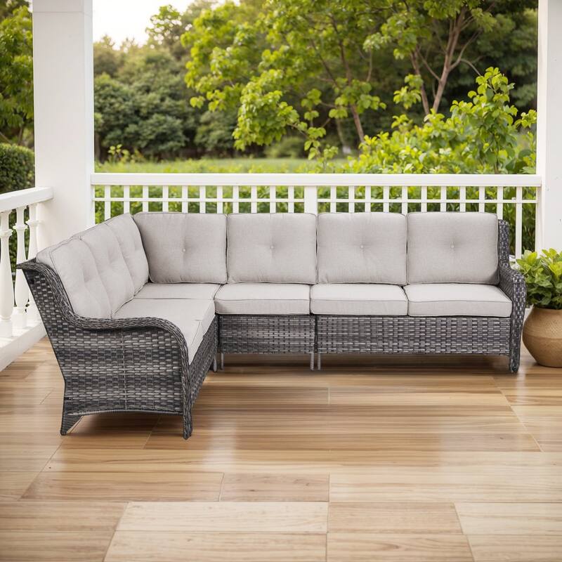Outdoor Sectional Sofa Furniture Set - Grey Rattan - Beige Cushion - Only Sectional Sofa